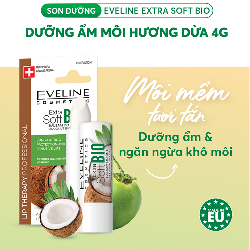 Son dưỡng Eveline Extrasoft Bio dưỡng ẩm môi hương dừa 4g