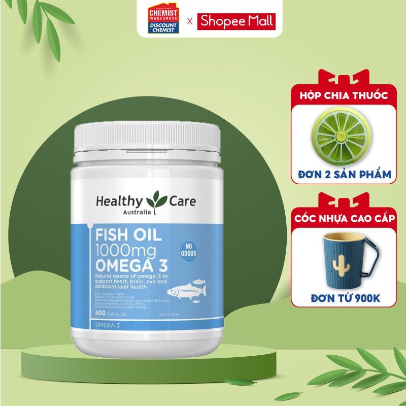 Viên uống Dầu cá Omega 3 Healthy Care Fish Oil 400 viên của Úc, hỗ trợ bổ mắt, tim mạch và phát triển trí não
