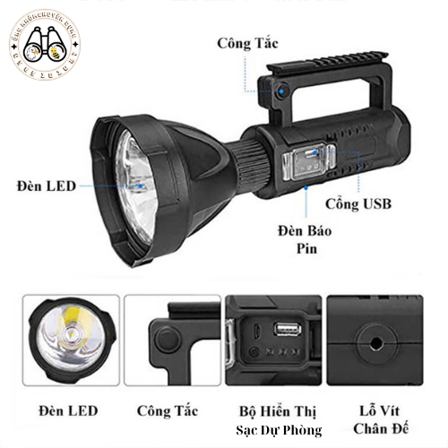Đèn Pin Siêu Sáng Cao Cấp Chiếu Xa Trên 500m,Tích Hợp Chân USB Sạc Dự Phòng, Có Chân Đế, Pin Trâu, Chống Nước