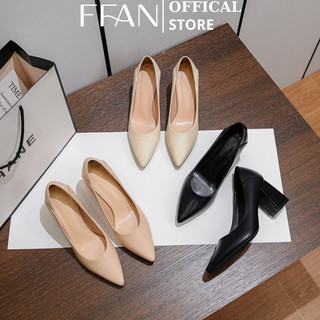  Giày cao gót nữ mũi nhọn đế vuông  da thật  bít mũi 7 phân 1810B big size màu đen be nude trắng FFAN STORE 