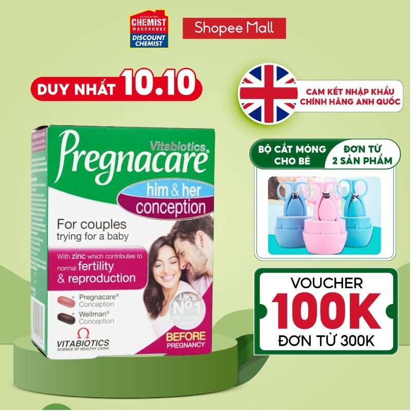 Viên uống tăng khả năng thụ thai Pregnacare Him and Her Conception 60 viên của Anh cho cả vợ và chồng