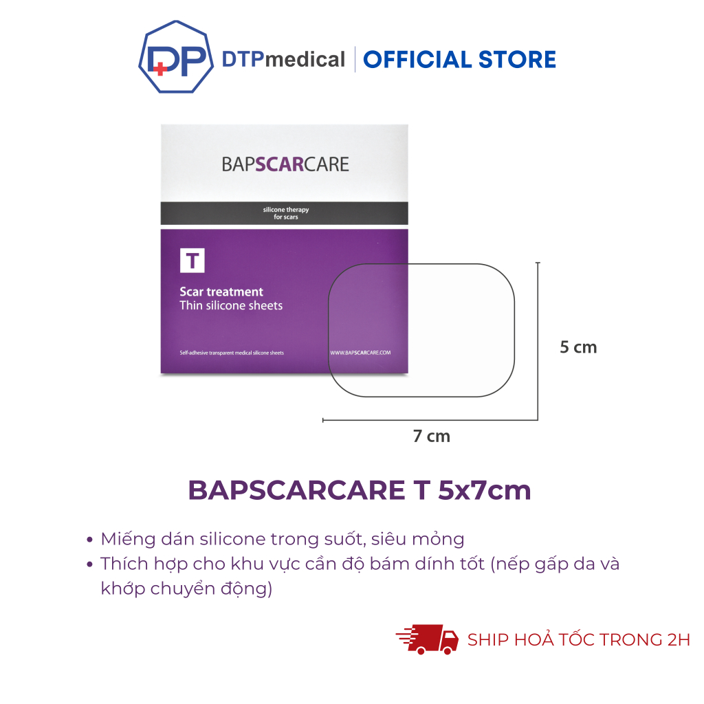 Miếng dán ép sẹo lồi, sẹo phì đại, Bapscarcare T 5x7cm siêu mỏng Silicone trong suốt, làm phẳng và mềm sẹo lâu năm