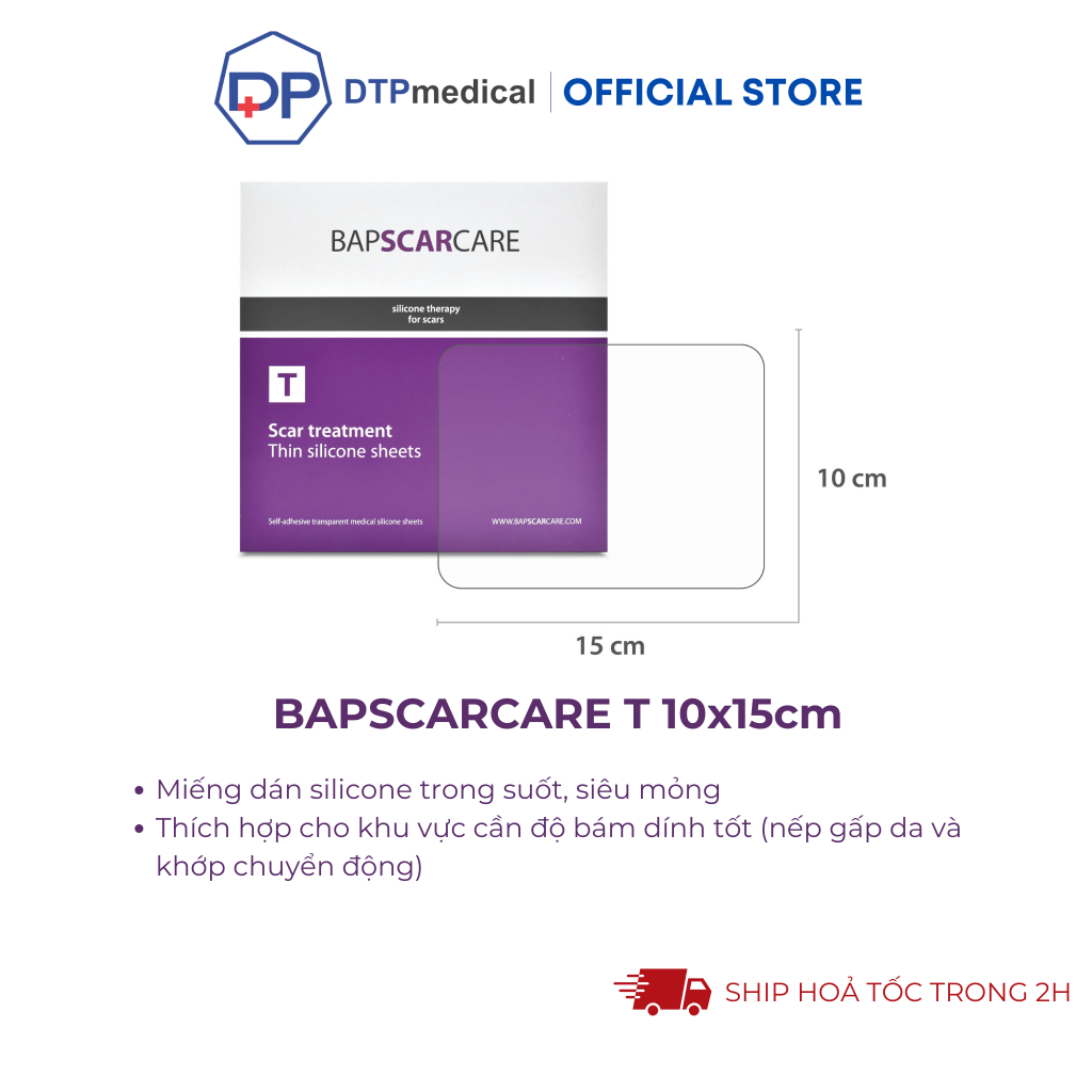 Miếng dán ép sẹo lồi, sẹo phì đại, Bapscarcare T 10x15cm siêu mỏng Silicone trong suốt, làm phẳng và mềm sẹo lâu năm