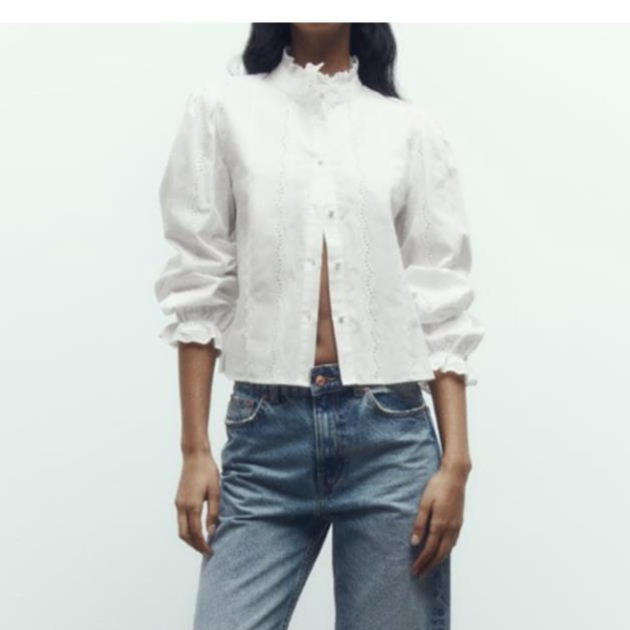 Morocco Zara áo sơ mi cổ cao thêu chìm