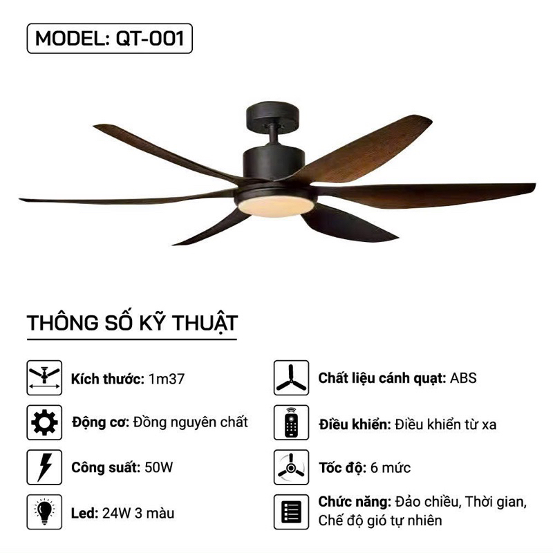 quạt trần 6 cánh có điều khiển từ xa , 3 chế độ đèn