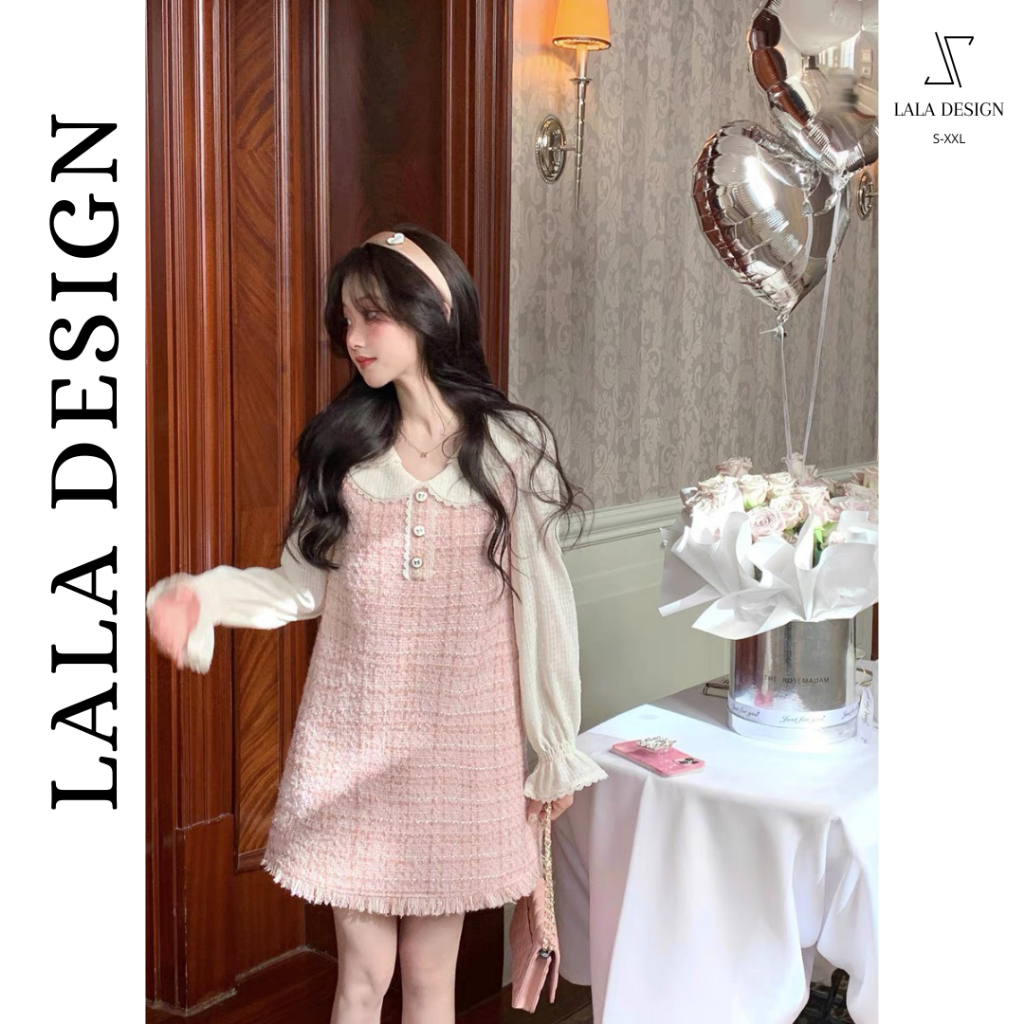 Váy dạ Tweed dáng baby doll - Đầm dạ tweed kim tuyến Hàn màu hồng phối cổ