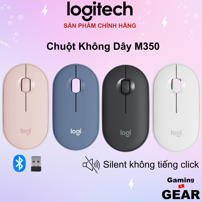 Chuột không dây Logitech M350 Pebble - Silent không tiếng click ( Bluetooth / USB, nhỏ gọn, giảm ồn, MacOS / PC )