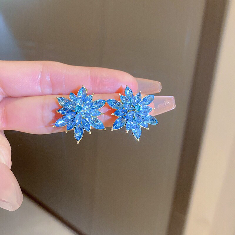 Bông tai hoa đính đá zircon màu xanh dương phong cách thời trang thanh lịch cho nữ