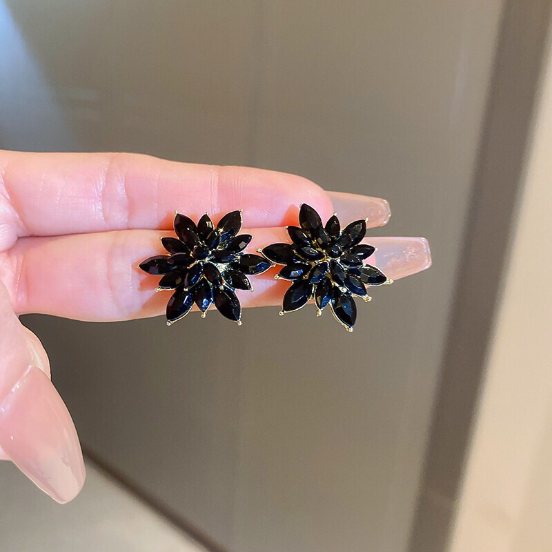 Bông tai hoa đính đá zircon màu đen phong cách thời trang thanh lịch cho nữ