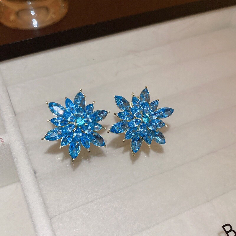 Bông tai hoa đính đá zircon màu xanh dương phong cách thời trang thanh lịch cho nữ