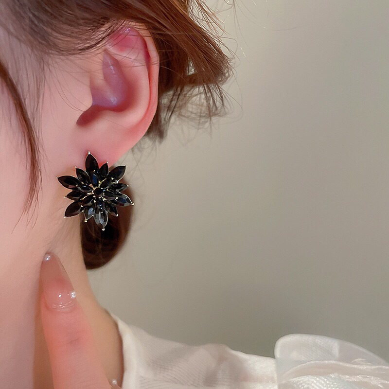 Bông tai hoa đính đá zircon màu đen phong cách thời trang thanh lịch cho nữ