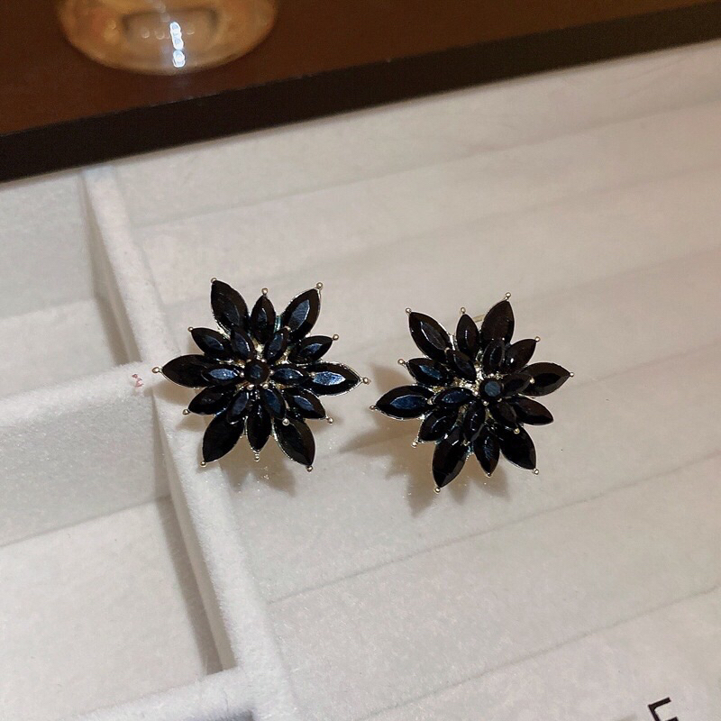 Bông tai hoa đính đá zircon màu đen phong cách thời trang thanh lịch cho nữ