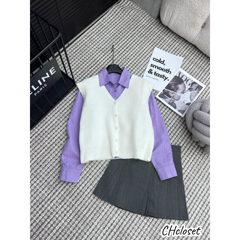 Set áo sơ mi kèm gile len dáng ngắn hàng QCL1