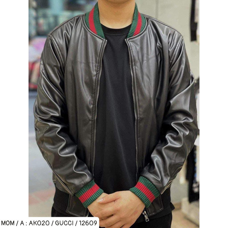 Áo khoác da bomber gc có hoạ tiết đơn giản khoá kéo màu đen thời trang nam phong cách giới trẻ có size từ s đến xl