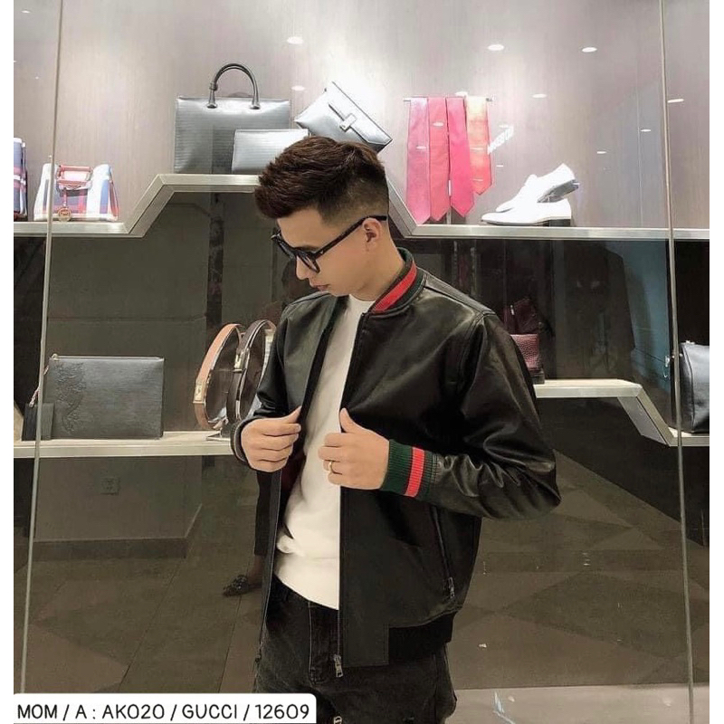 Áo khoác da bomber gc có hoạ tiết đơn giản khoá kéo màu đen thời trang nam phong cách giới trẻ có size từ s đến xl