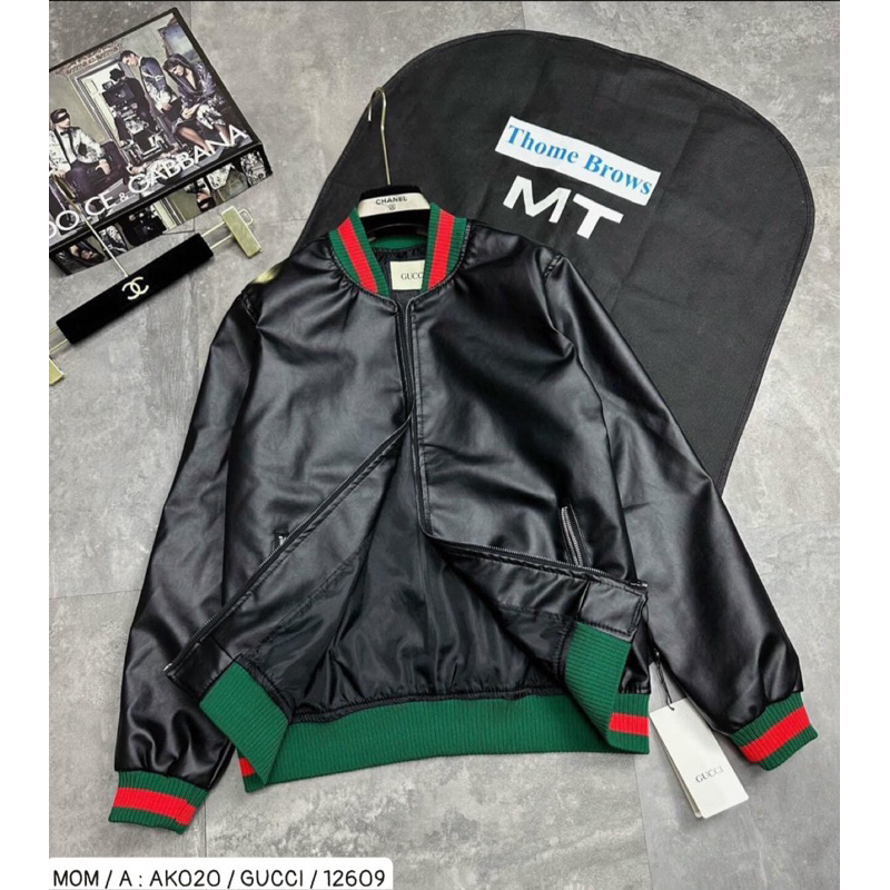 Áo khoác da bomber gc có hoạ tiết đơn giản khoá kéo màu đen thời trang nam phong cách giới trẻ có size từ s đến xl