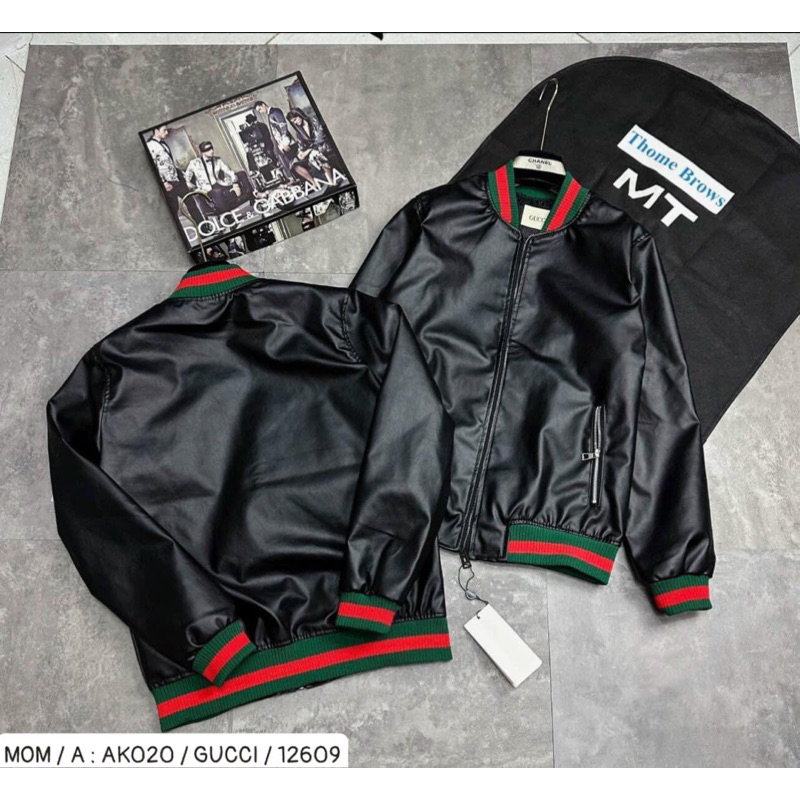 Áo khoác da bomber gc có hoạ tiết đơn giản khoá kéo màu đen thời trang nam phong cách giới trẻ có size từ s đến xl