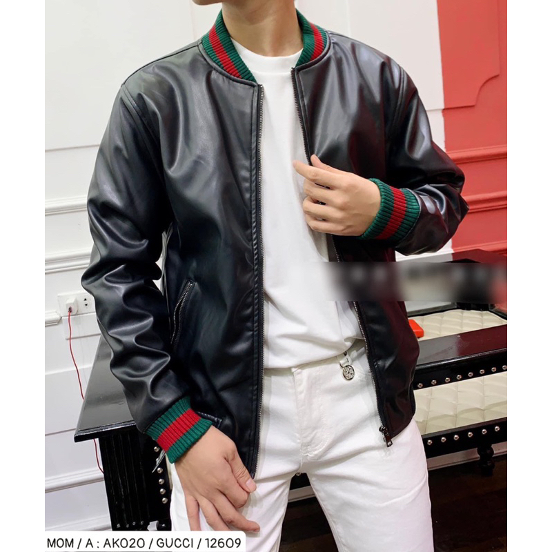 Áo khoác da bomber gc có hoạ tiết đơn giản khoá kéo màu đen thời trang nam phong cách giới trẻ có size từ s đến xl