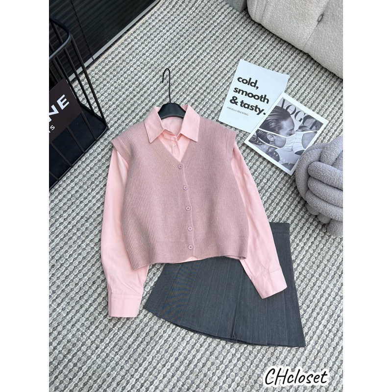 Set áo sơ mi kèm gile len dáng ngắn hàng QCL1