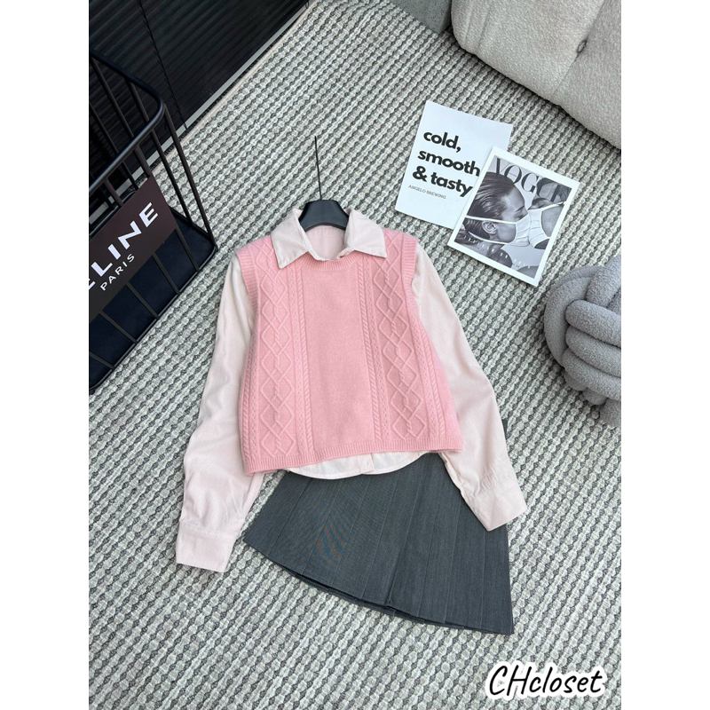 Set áo sơ mi kèm gile len dáng ngắn hàng QCL1