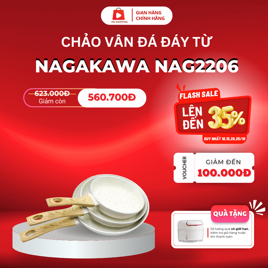 Chảo Vân Đá Chống Dính Đáy Từ 22 - 26cm Nagakawa Chất Liệu Nhôm Nguyên Khối Sử Dụng Mọi Loại Bếp NAG2206 ON SHOPPING