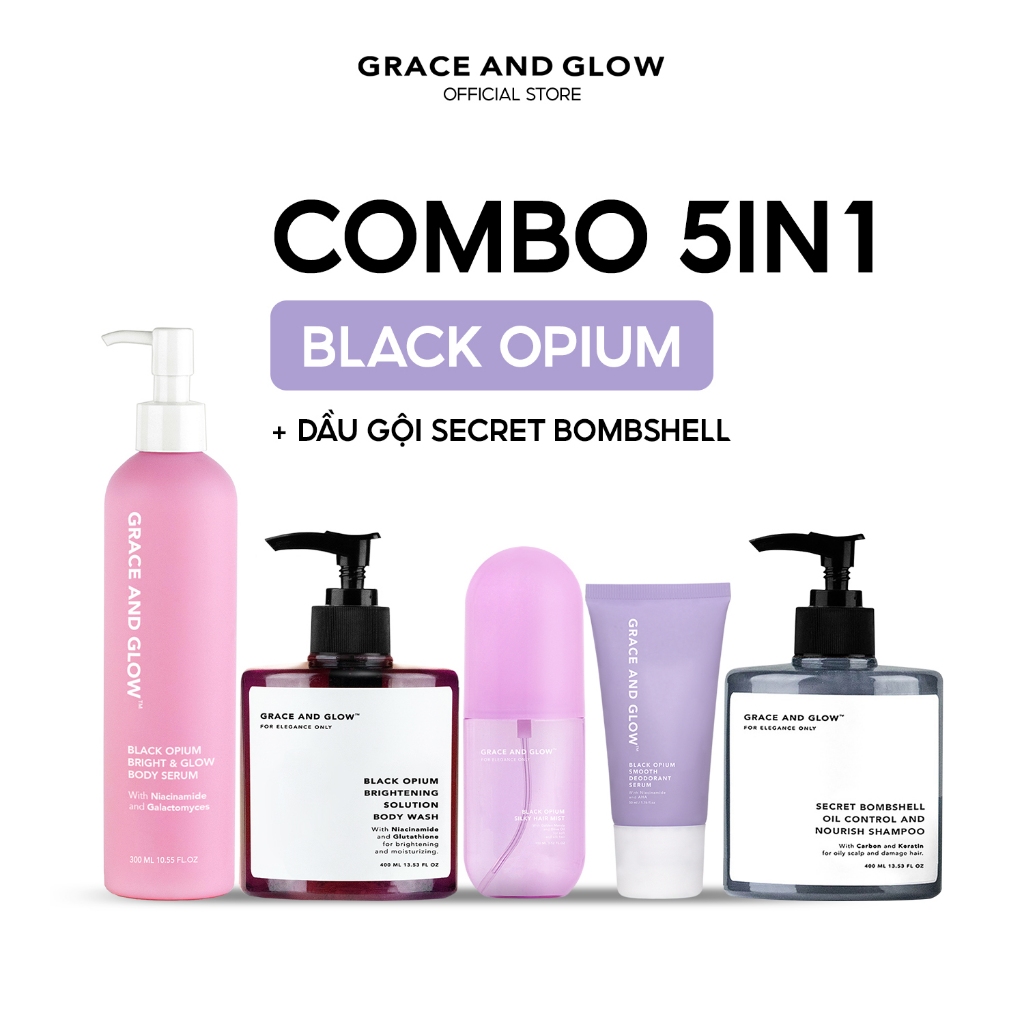 Combo 5in1 Grace and Glow Sữa tắm, dầu gội, sữa dưỡng thể, xịt tóc, lăn khử mùi Black Opium