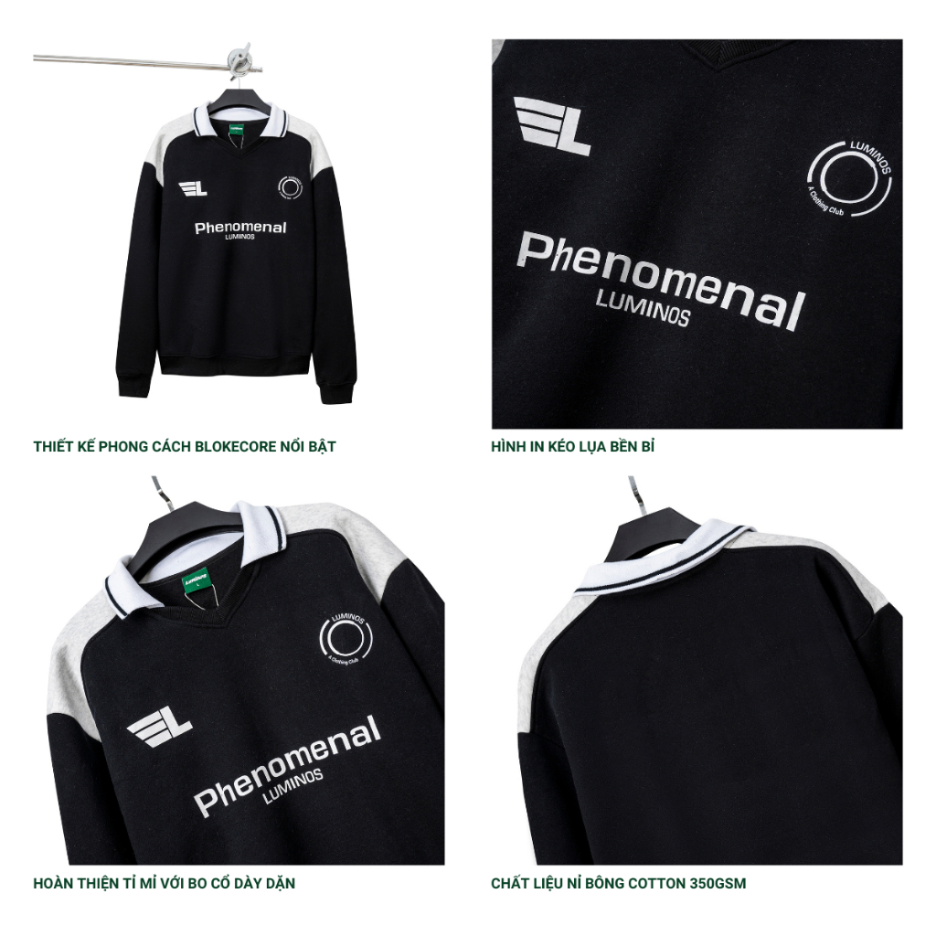 Áo Polo Oversize Phenom - Áo Polo Dài Tay Nỉ Bông Cao Cấp Dáng Rộng Unisex - Brand Luminos