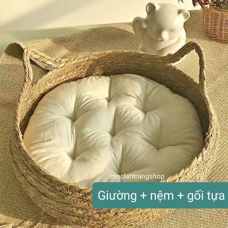 Giường ngủ cho mèo bằng cói đan tự nhiên kèm nệm và gối tựa, ổ nằm ngủ chó mèo mùa hè đông cào móng