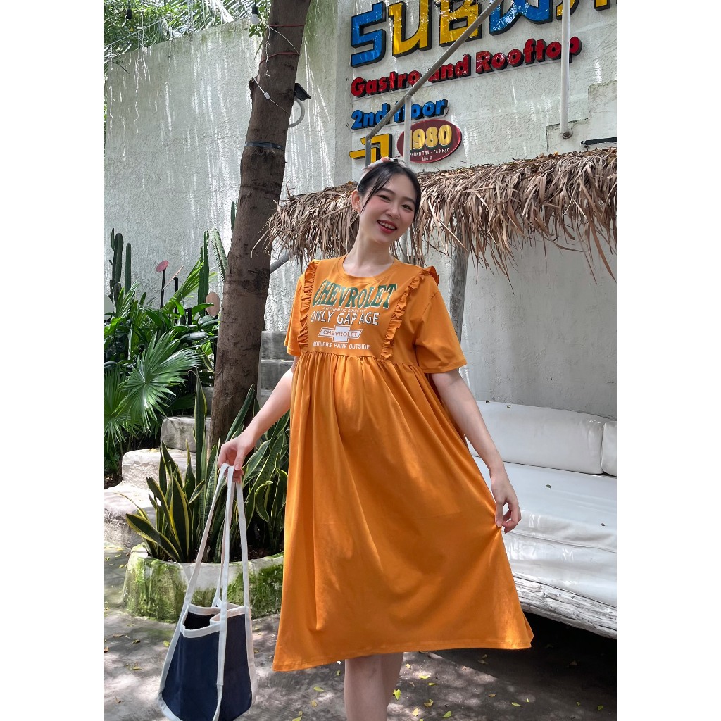 Đầm Bầu thun nhún tầng thoải mái, bầu mặc năng động