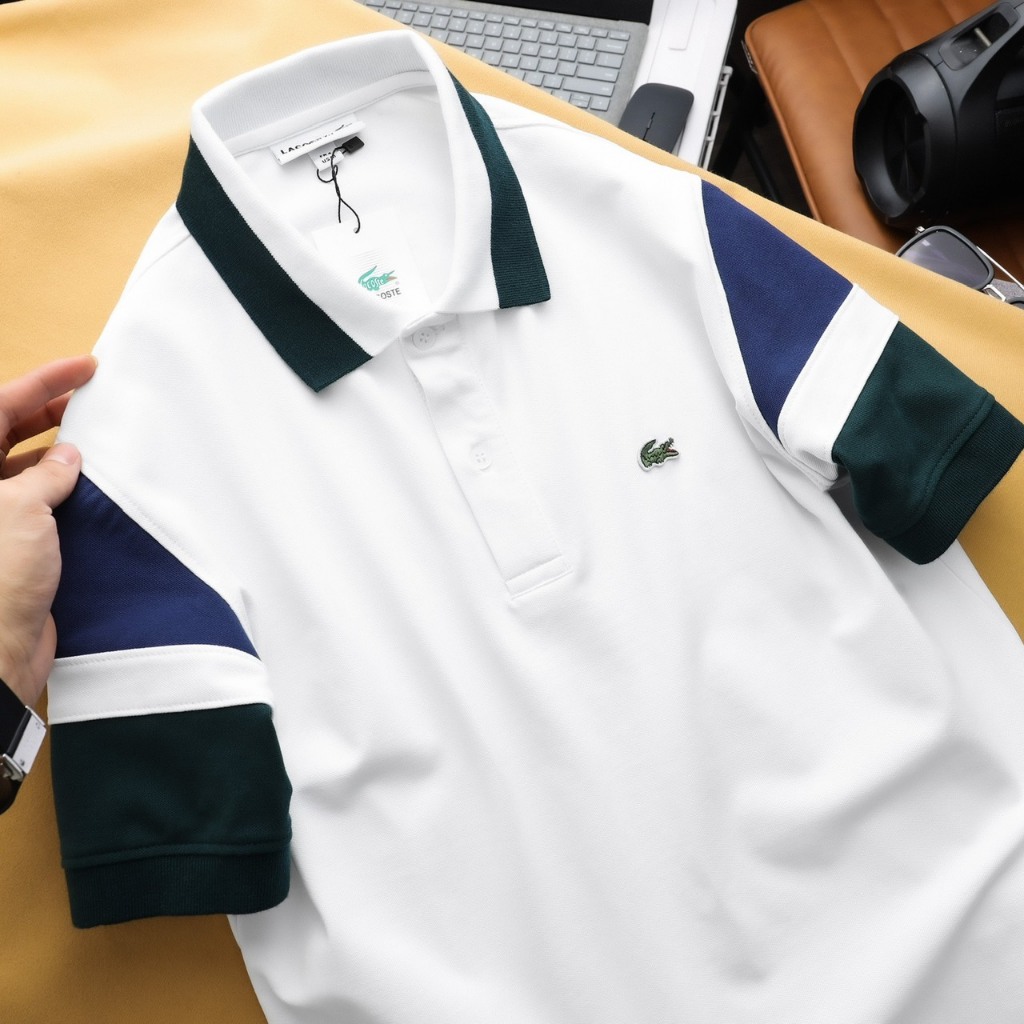 Áo thun Polo lacos.te vải cá sấu cotton co dãn và thấm hút tốt viền 3 màu tay áo