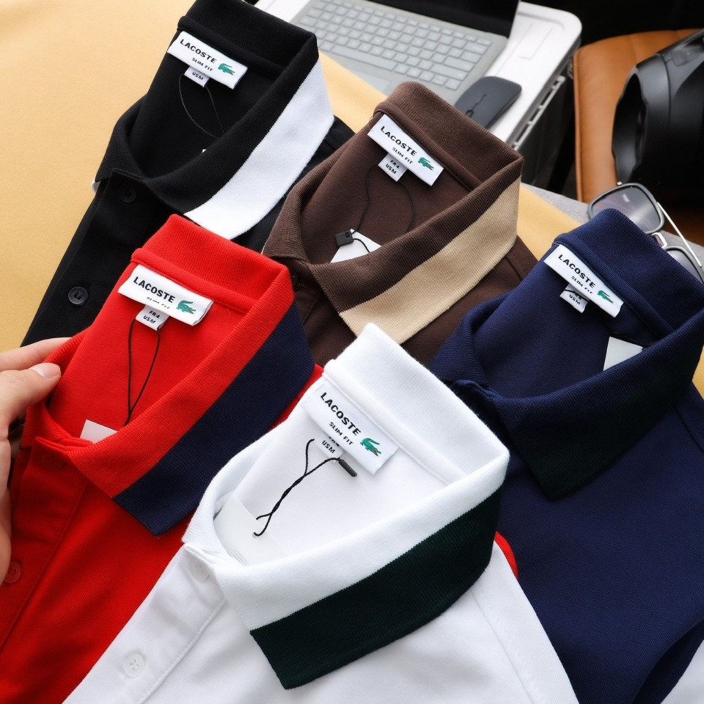 Áo thun Polo lacos.te vải cá sấu cotton co dãn và thấm hút tốt viền 3 màu tay áo