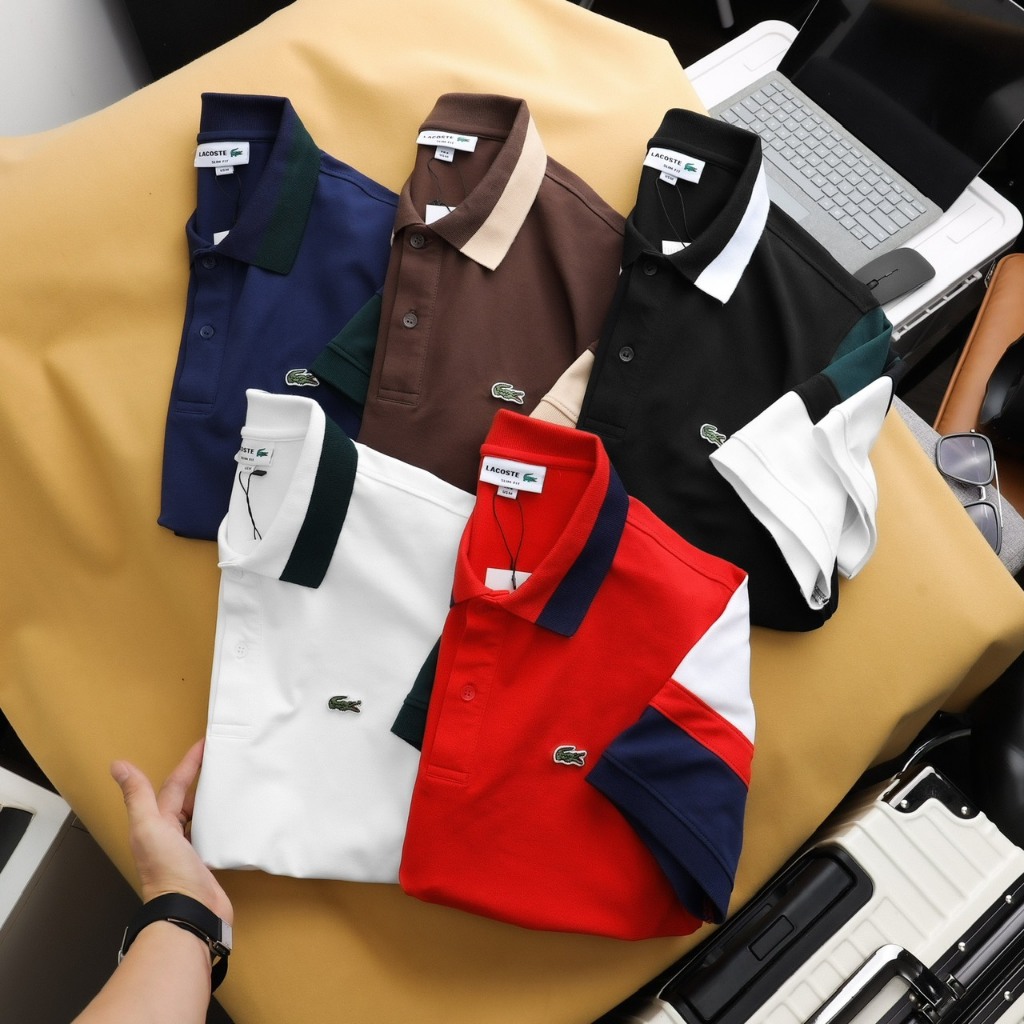 Áo thun Polo lacos.te vải cá sấu cotton co dãn và thấm hút tốt viền 3 màu tay áo