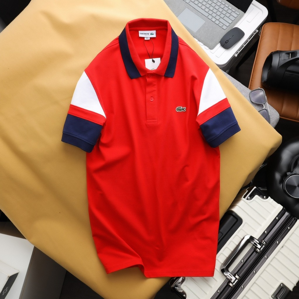 Áo thun Polo lacos.te vải cá sấu cotton co dãn và thấm hút tốt viền 3 màu tay áo