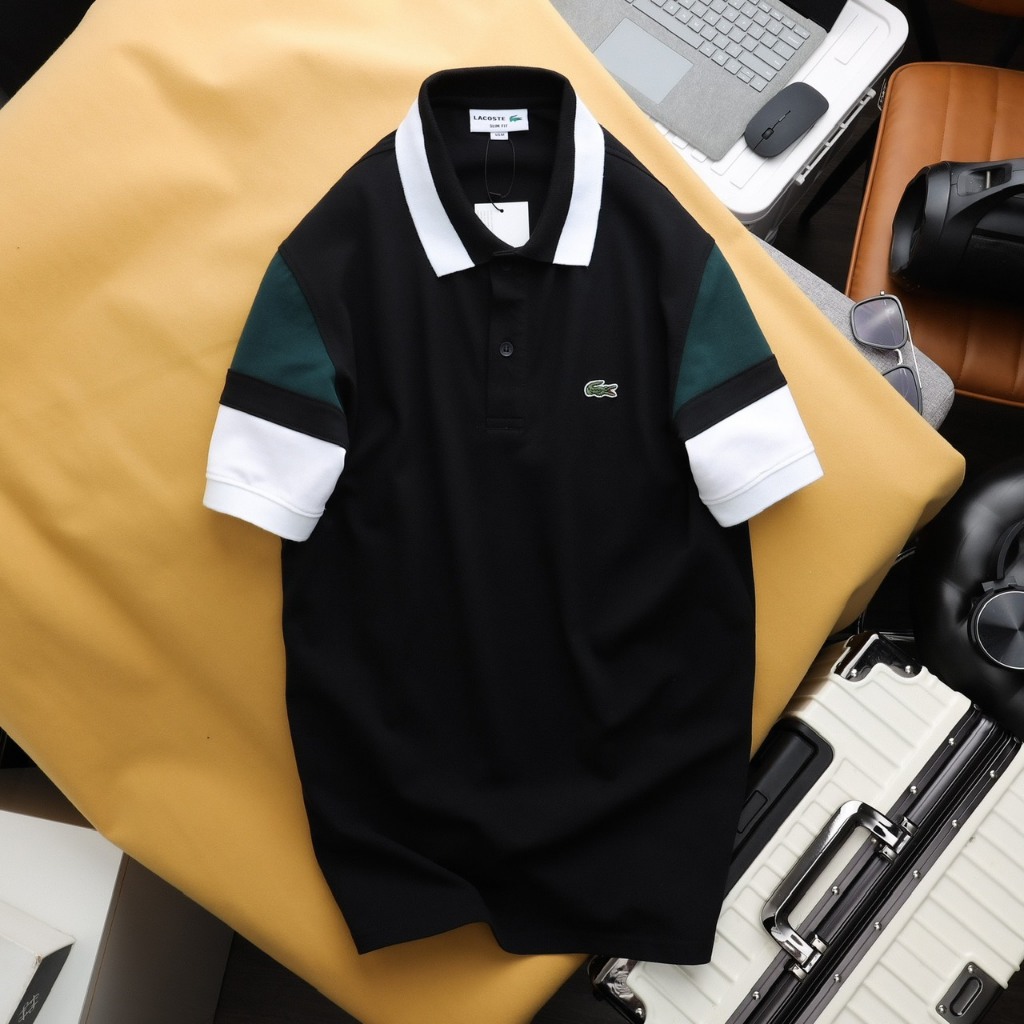 Áo thun Polo lacos.te vải cá sấu cotton co dãn và thấm hút tốt viền 3 màu tay áo