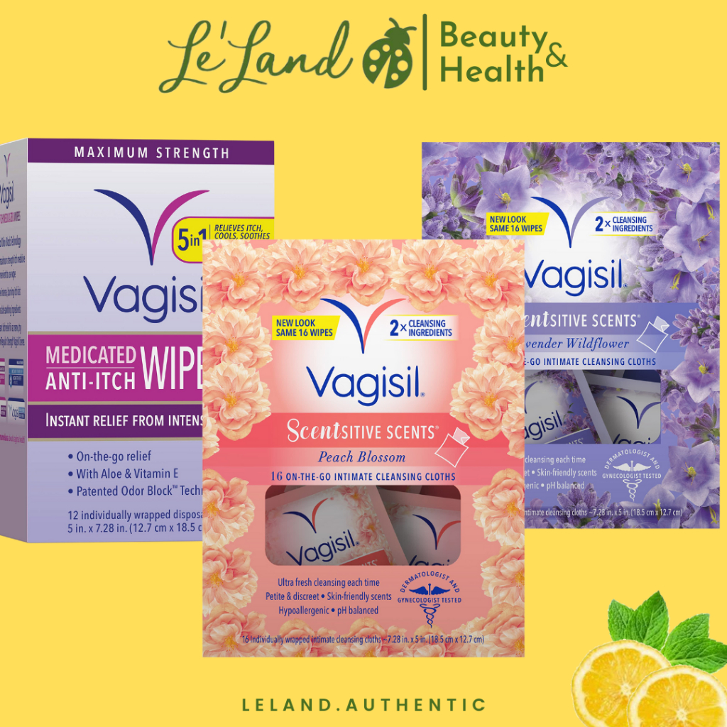 Khăn lau vệ sinh phụ nữ Vagisil cân bằng độ PH gói 16 miếng của Mỹ mùi hoa đào & tử đinh hương