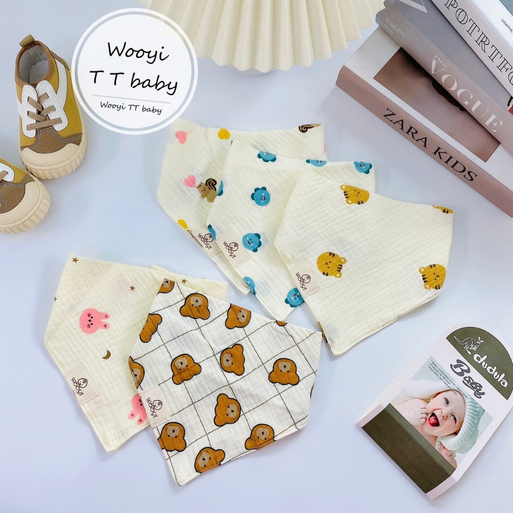 Yếm tam giác MUSLIN SỢI TRE 4 LỚP CAO CẤP MỀM MẠI kèm cúc bấm cho bé 2 loại