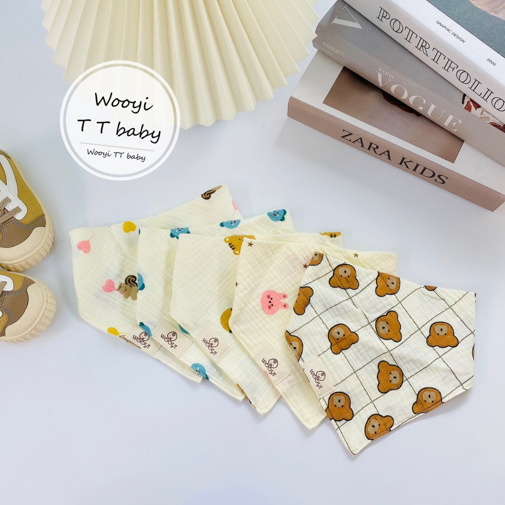 Yếm tam giác MUSLIN SỢI TRE 4 LỚP CAO CẤP MỀM MẠI kèm cúc bấm cho bé 2 loại