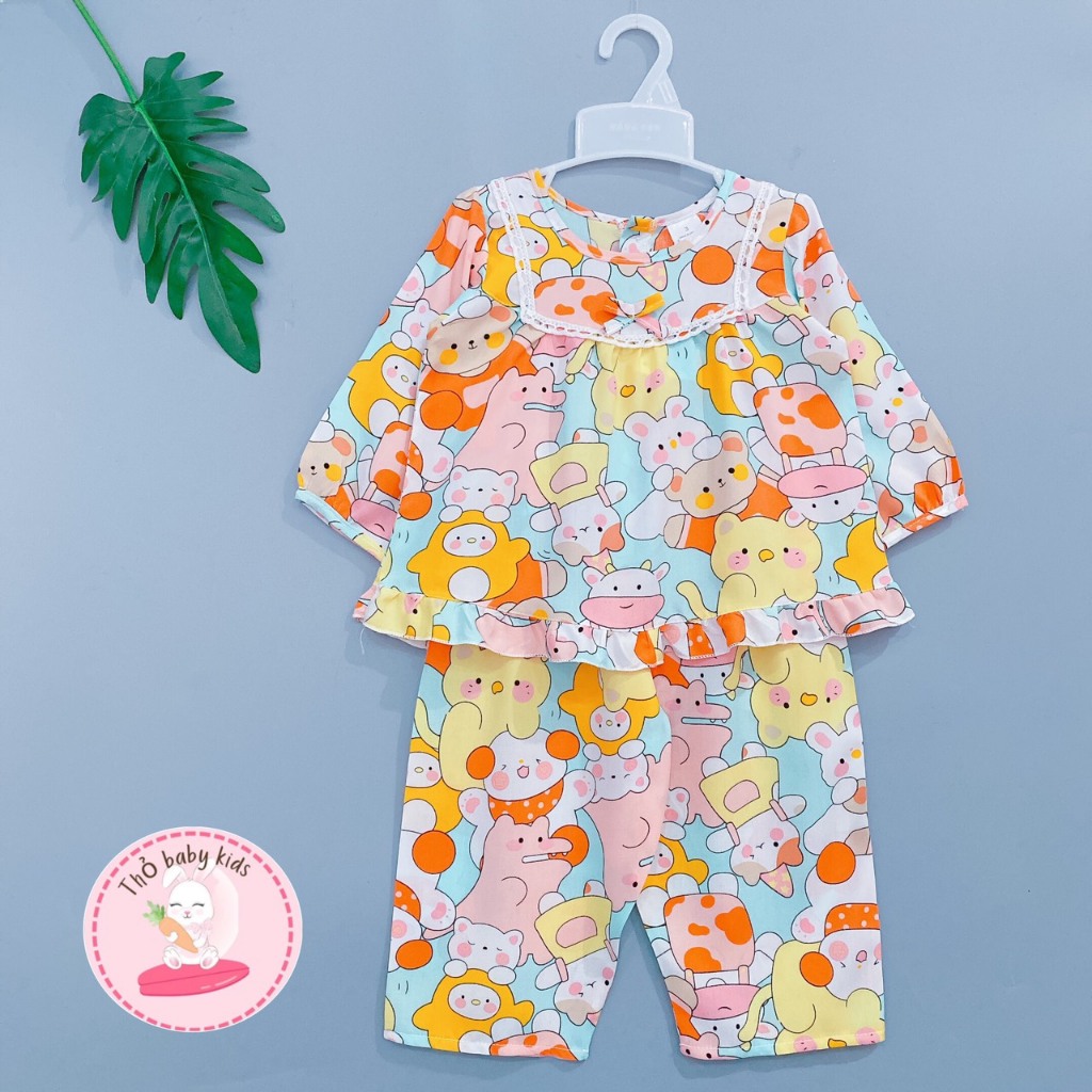 Bộ dài tay quần dài bé gái, bộ lanh dài, bộ tole dài tiểu thư cổ bèo bé gái thỏ baby kids