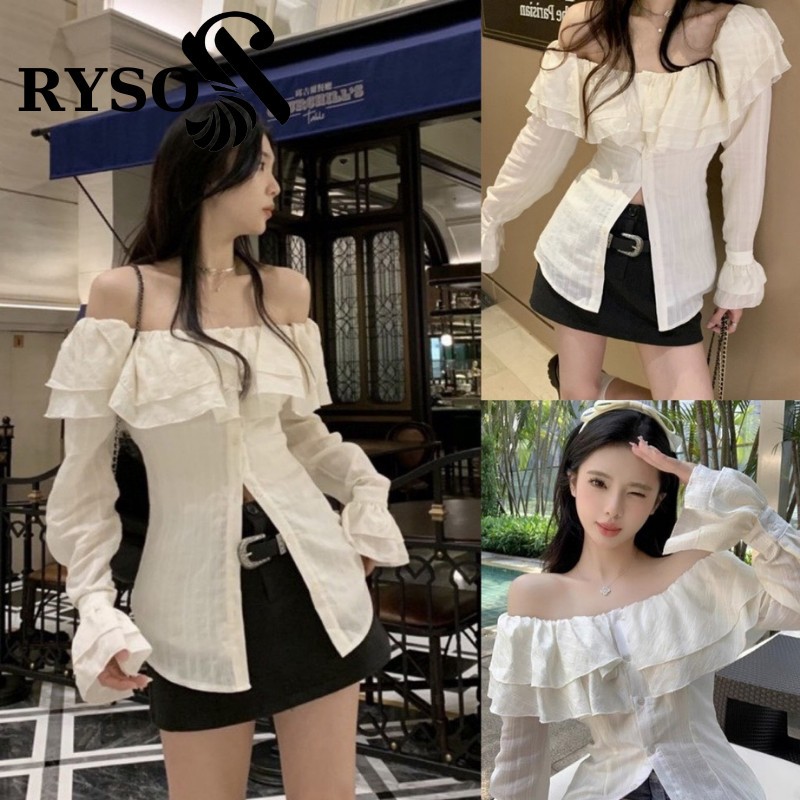 Áo Trễ Vai Phối Bèo Tay Dài  RYSO FASHION Sơmi Kiểu Nữ Dài Tay Trễ Vai Siêu nữ tính