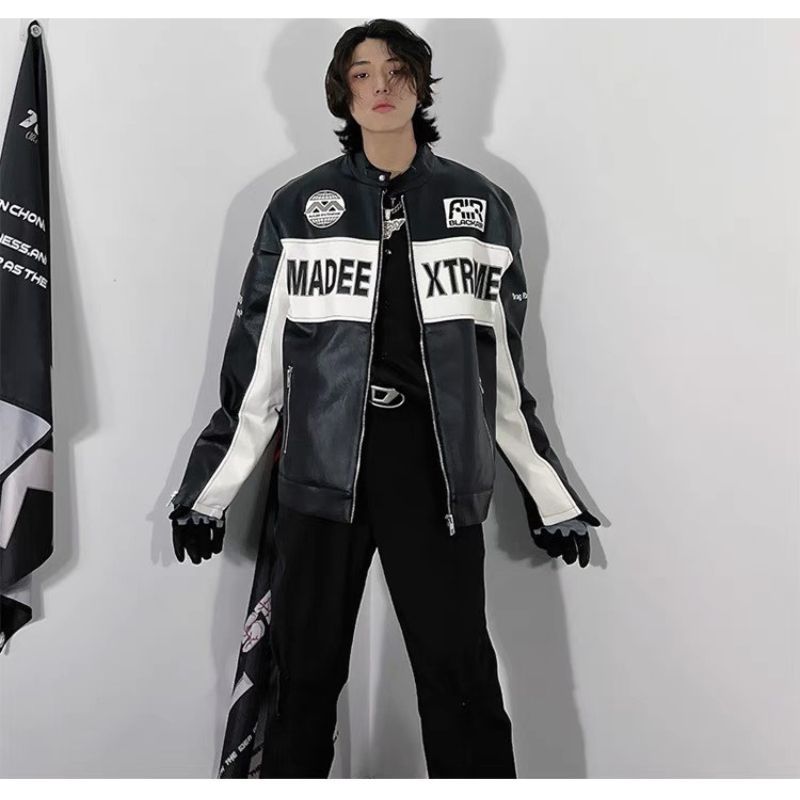 Áo khoác biker da PU dáng rộng phong cách retro dành cho Nam và Nữ