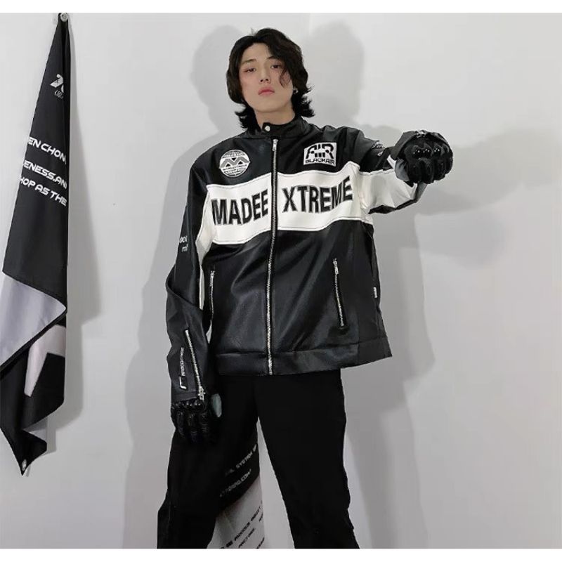Áo khoác biker da PU dáng rộng phong cách retro dành cho Nam và Nữ