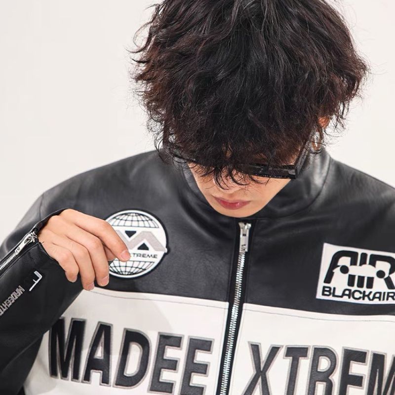 Áo khoác biker da PU dáng rộng phong cách retro dành cho Nam và Nữ