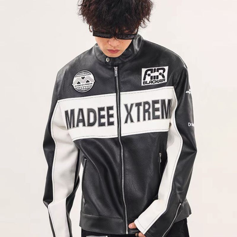 Áo khoác biker da PU dáng rộng phong cách retro dành cho Nam và Nữ