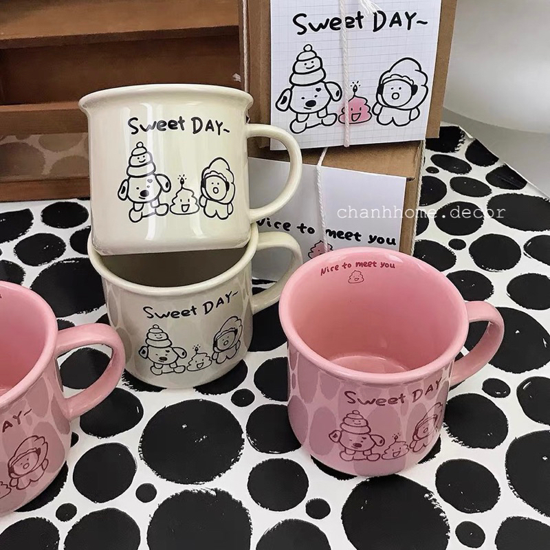 Cốc sứ uống nước 240ml Sweet Day hình Cún có tay cầm, ly sứ màu Hồng Be dễ thương, tặng quà sinh nhật |Chanhhomedecor|