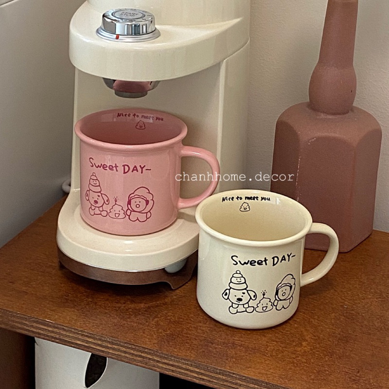 Cốc sứ uống nước 240ml Sweet Day hình Cún có tay cầm, ly sứ màu Hồng Be dễ thương, tặng quà sinh nhật |Chanhhomedecor|