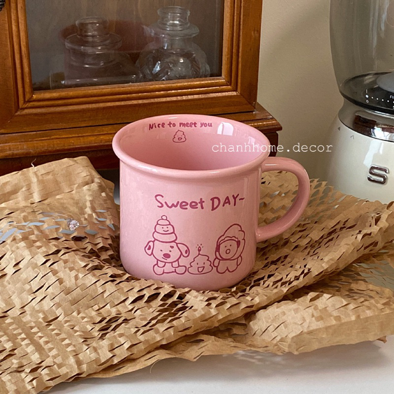 Cốc sứ uống nước 240ml Sweet Day hình Cún có tay cầm, ly sứ màu Hồng Be dễ thương, tặng quà sinh nhật |Chanhhomedecor|