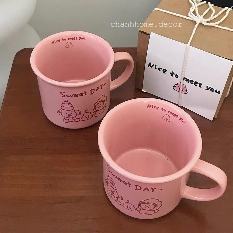 Cốc sứ uống nước 240ml Sweet Day hình Cún có tay cầm, ly sứ màu Hồng Be dễ thương, tặng quà sinh nhật |Chanhhomedecor|
