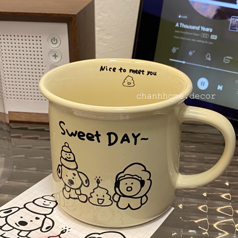 Cốc sứ uống nước 240ml Sweet Day hình Cún có tay cầm, ly sứ màu Hồng Be dễ thương, tặng quà sinh nhật |Chanhhomedecor|