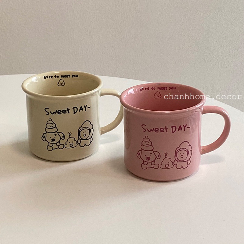 Cốc sứ uống nước 240ml Sweet Day hình Cún có tay cầm, ly sứ màu Hồng Be dễ thương, tặng quà sinh nhật |Chanhhomedecor|