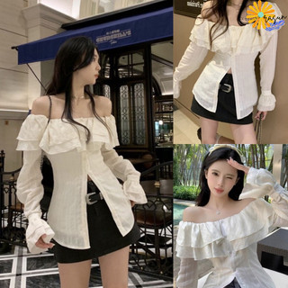 Áo trễ vai phối bèo tay dài rasun, áo sơmi kiểu nữ dài tay trễ vai siêu nữ tính